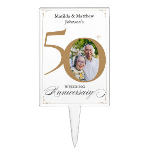 White 50th Anniversary Gold Script Custom Photo Ca Cake Topper