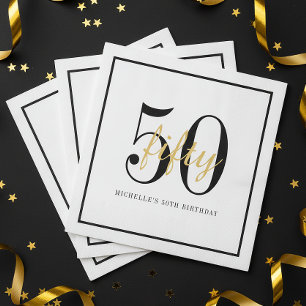 White 50th Birthday Party Black Gold Chic Napkins