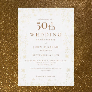 White 50th Wedding Anniversary Gold Floral Foil Invitation