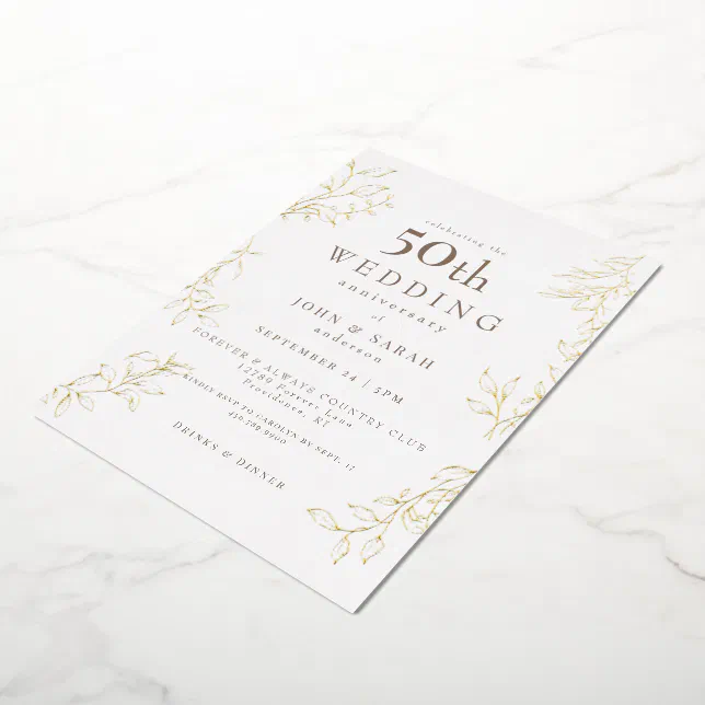 White 50th Wedding Anniversary Gold Foil Invitation | Zazzle