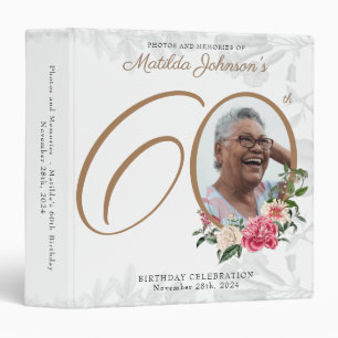 White 60th Birthday Gold Chic Floral Custom Photo 3 Ring Binder