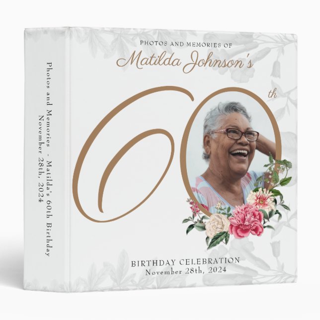 White 60th Birthday Gold Chic Floral Custom Photo 3 Ring Binder (Front/Spine)