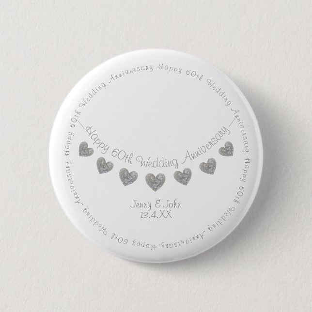 White 60th Diamond Wedding Anniversary bunting Button (Front)