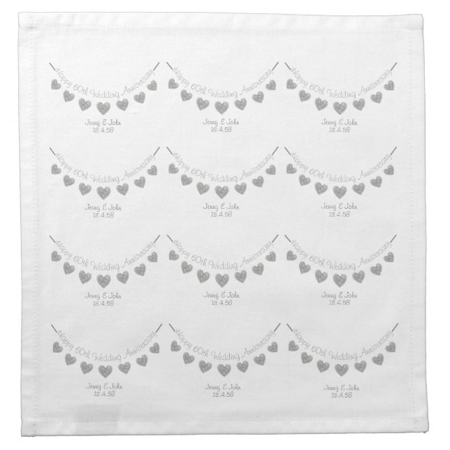 White 60th Diamond Wedding anniversary heart Cloth Napkin (Front)