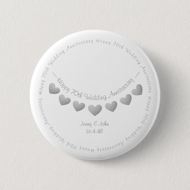 White 70th Platinum Wedding Anniversary bunting Button (Front)