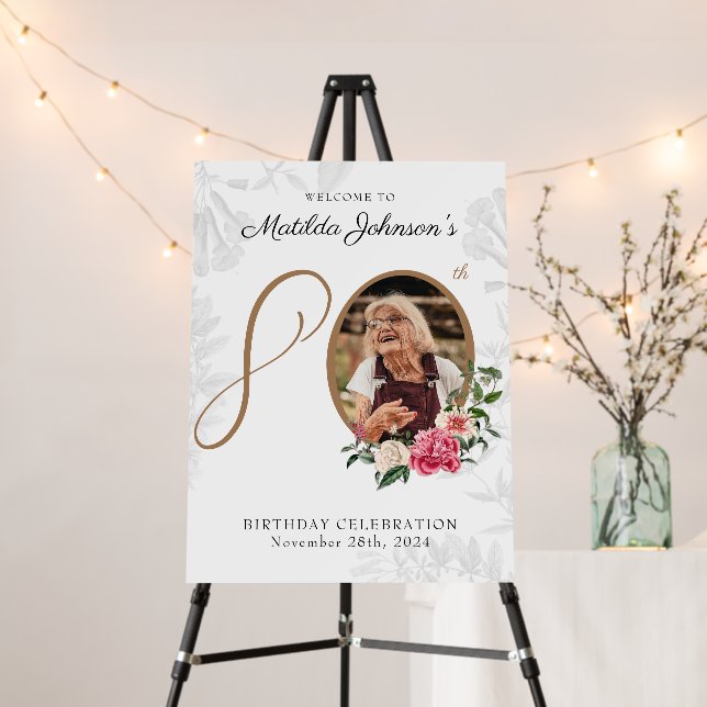White 80th Birthday Party Floral Classy Custom Foam Board (In Situ (Stand))