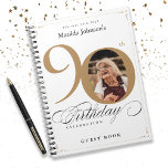White 90th Birthday Gold Elegant Script Guestbook Notebook at Zazzle