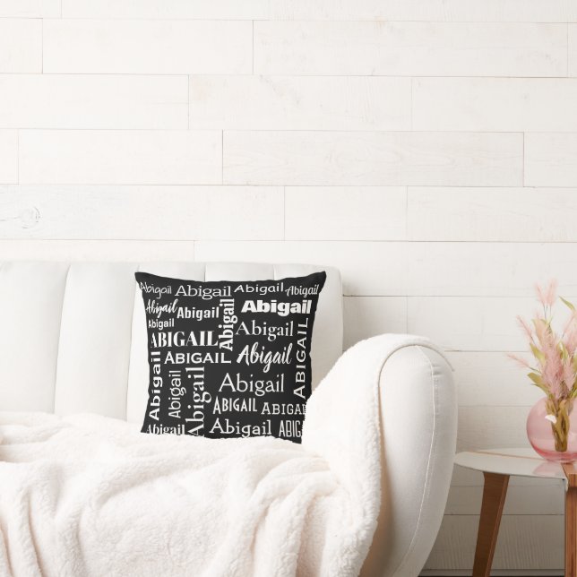 White ABIGAIL Name On Black Throw Pillow (Couch)