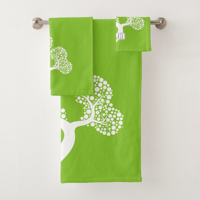 White abstract circle tree and name lime green bath towel set (Insitu)