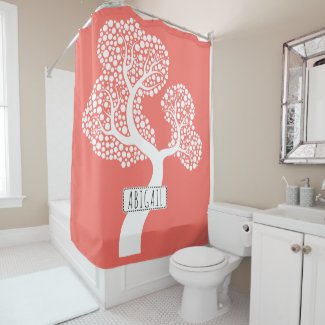 White abstract circle tree and name, living coral shower curtain