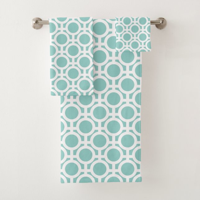 White Abstract Circles on Light Teal Bath Towel Set (Insitu)
