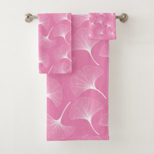 White abstract delicate leaves pattern on pink bath towel set