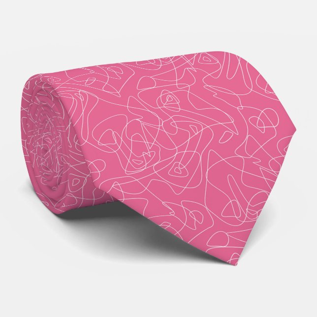 White abstract doodles on pink background neck tie (Rolled)