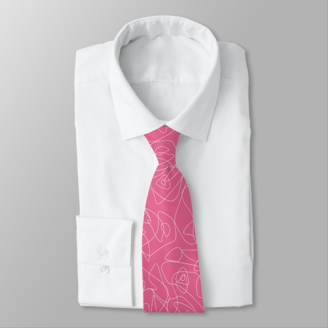 White abstract doodles on pink background neck tie (Tied)