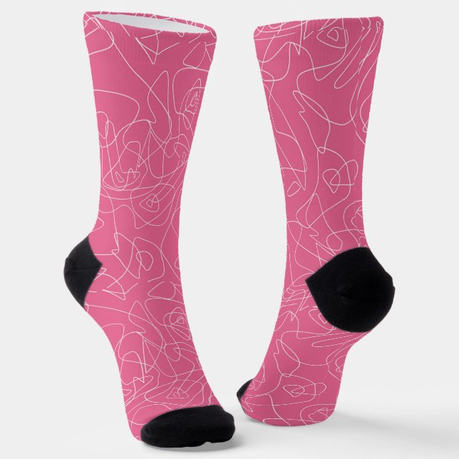 White abstract doodles on pink background socks (Angled)