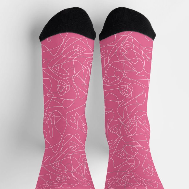 White abstract doodles on pink background socks (Top)