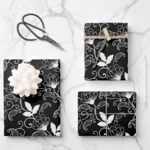 White Abstract Floral on Black Background Wrapping Paper Sheets