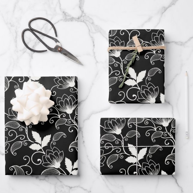 White Abstract Floral on Black Background Wrapping Paper Sheets (Front)