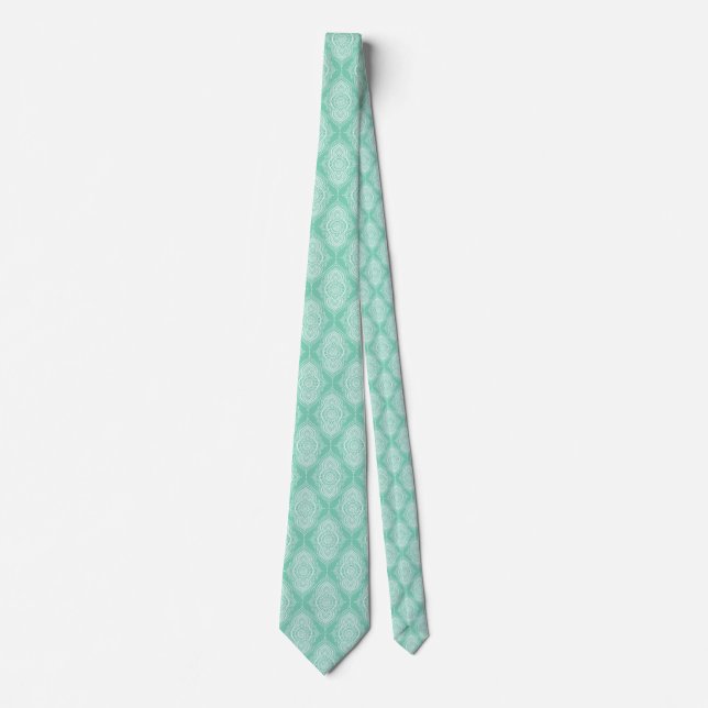 White Abstract Lace Teardrop On Mint-green Neck Tie (Front)