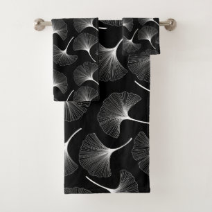 White abstract leaves pattern on black background bath towel set
