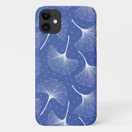 White abstract leaves pattern on blue iPhone 11 case