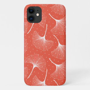 White abstract leaves pattern on orange background iPhone 11 case