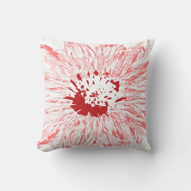 white Abstract Red and Pink African Daisy Flower Throw Pillow (Front)