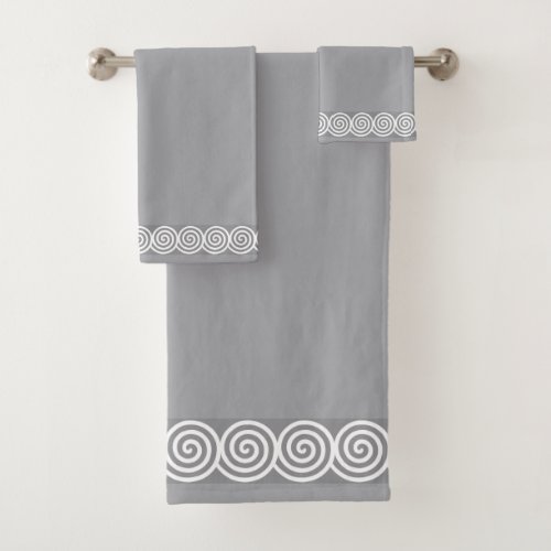 White Abstract Spiral Circles on Quick Silver Gray Bath Towel Set