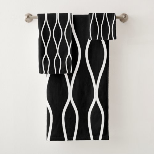 White Abstract Wavy Geometric Pattern on Black  Bath Towel Set