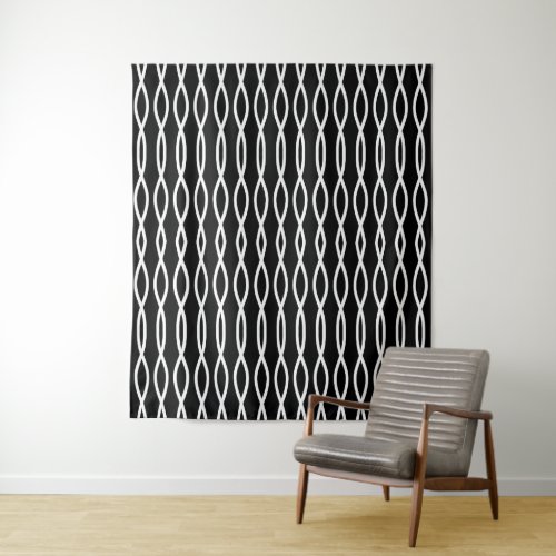 White Abstract Wavy Geometric Pattern on Black Tapestry