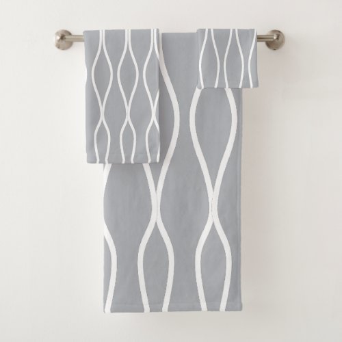 White Abstract Wavy Geometric Pattern on Gray Bath Towel Set