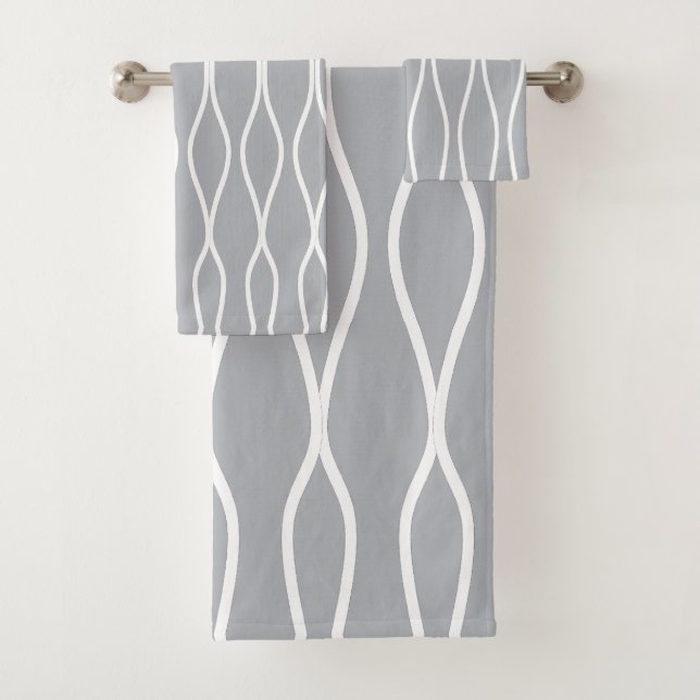 White Abstract Wavy Geometric Pattern on Gray Bath Towel Set (Insitu)