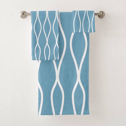 White Abstract Wavy Geometric Pattern on Teal Bath Towel Set