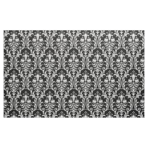 White Acanthus Damask On Black Fabric