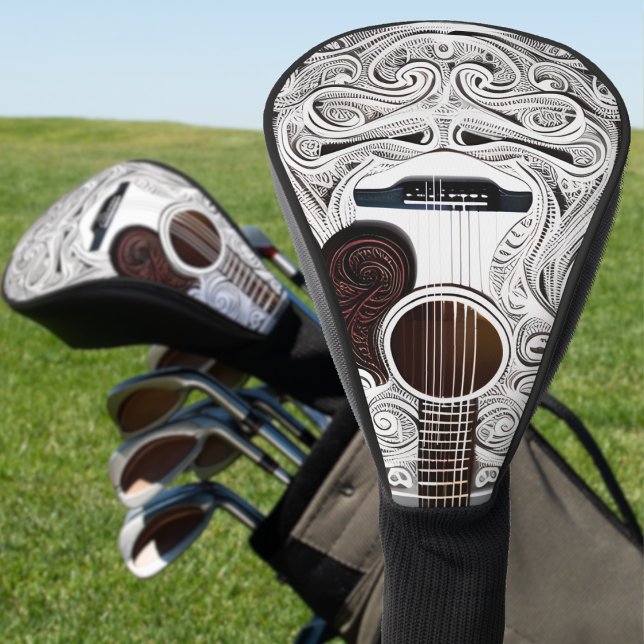 White Acoustic Guitar Golf Head Cover (white acoustic guitar with filigree pattern golf head cover)