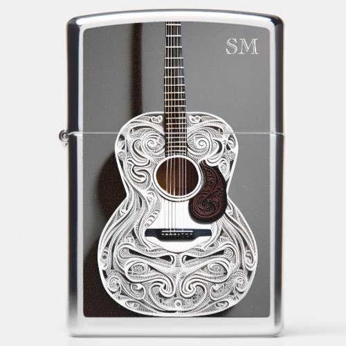 White Acoustic Guitar Instrument with Initials Zippo Lighter