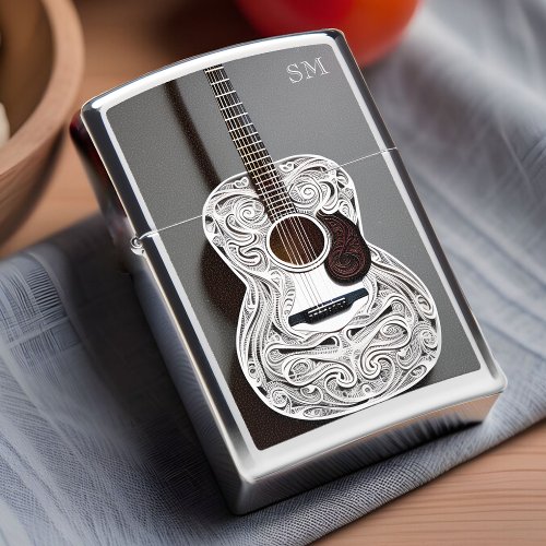 White Acoustic Guitar Instrument with Initials Zippo Lighter