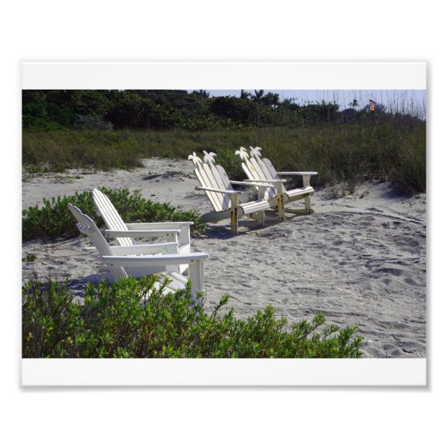 White Adirondack Chairs on Beach Photo Print (Front)