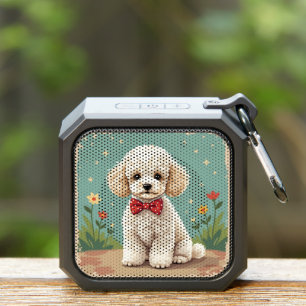 White adorable poodle with bow tie bluetooth speaker