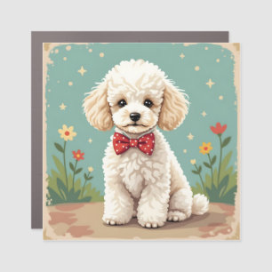 White adorable poodle with bow tie car magnet