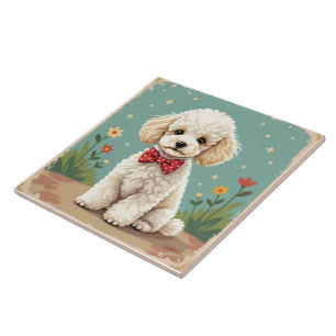 White adorable poodle with bow tie ceramic tile