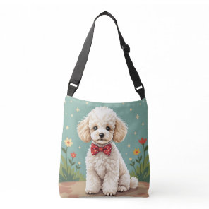 White adorable poodle with bow tie crossbody bag