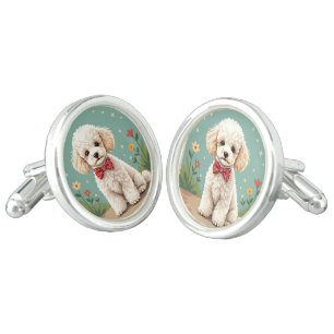 White adorable poodle with bow tie cufflinks