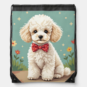 White adorable poodle with bow tie drawstring bag