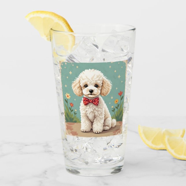 White adorable poodle with bow tie glass (Front Ice)