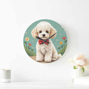 White adorable poodle with bow tie large clock
