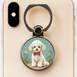 White adorable poodle with bow tie phone ring stand