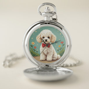 White adorable poodle with bow tie pocket watch