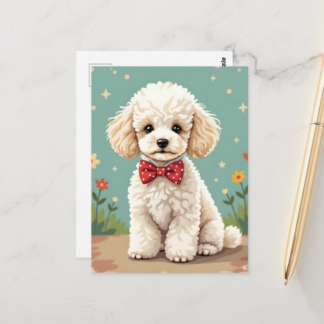 White adorable poodle with bow tie postcard (Front/Back In Situ)