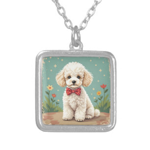 White adorable poodle with bow tie silver plated necklace
